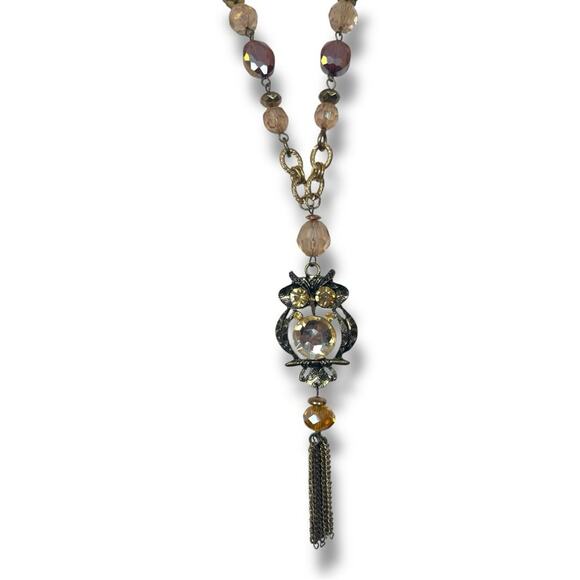 Women’s Owl Tassel Necklace Long Gold Bronze Crystal Beads Multi 19/21” Length - Picture 3 of 9